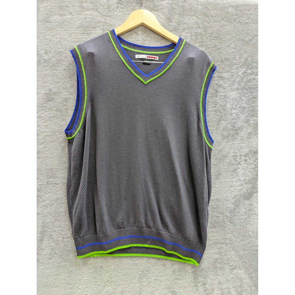 Golfcore Sweater Vest Mens L Gray V-Neck Cotton Contrast Trim Perforated Knit